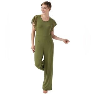 H by Halston Jet Set Jersey Wide-Leg Jumpsuit w/Lace Sleeves-Vine-XL